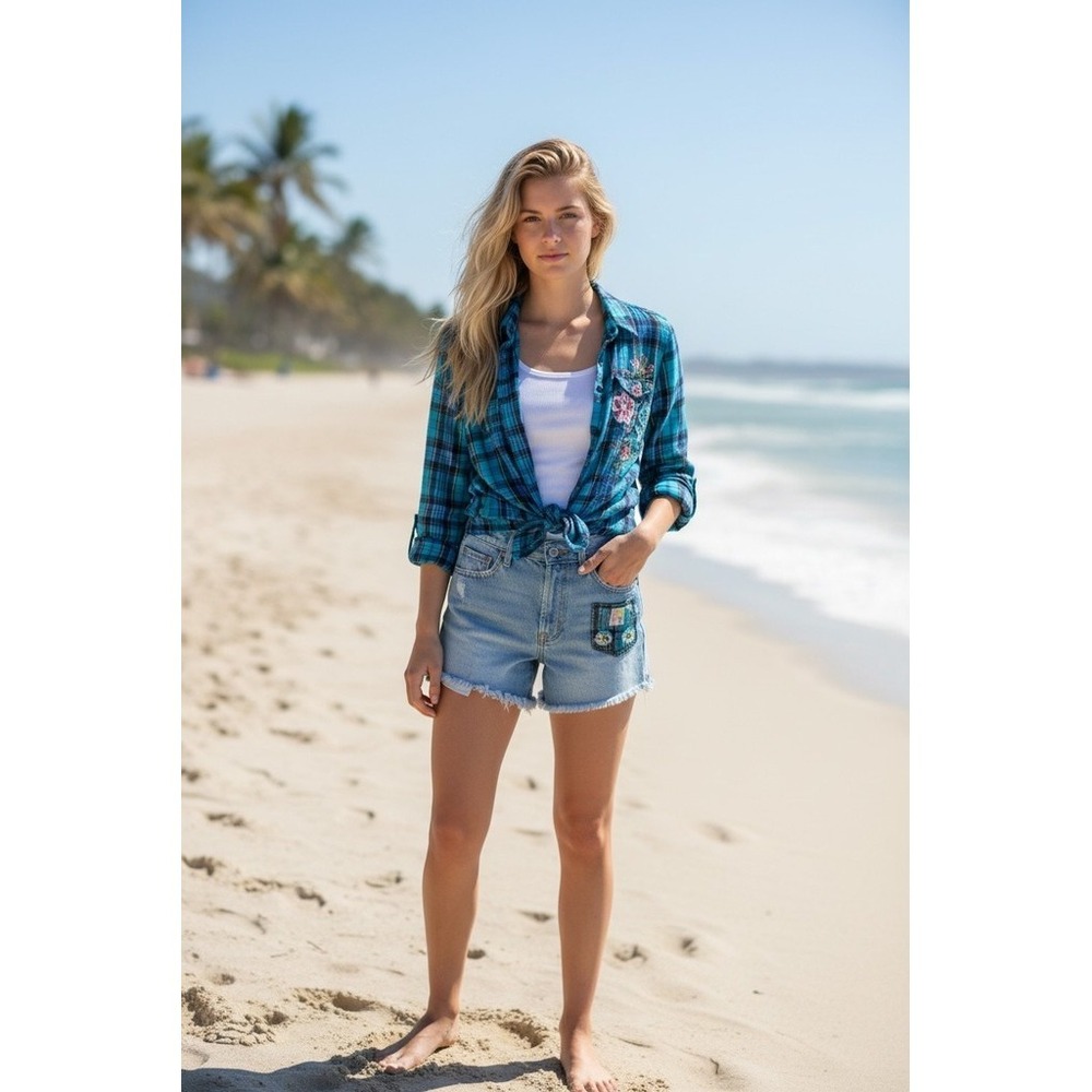 Roxy Button-Up Shirt Womens XL Blue Teal Plaid Long Sleeve Feather Print beach